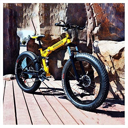 Vélos pliant : XXCZB Fat Tire VTT 26 Pouces Double Suspension pour Hommes Femmes Adulte vélo de Montagne Pliable avec Freins à Disque mécaniques vélo de Montagne à Haute teneur en carbone-30 Vitesses_Jaune
