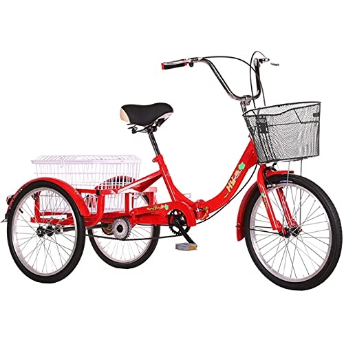 Vélos pliant : ZNND vélos couchés Pliant Tricycle pour Adultes Aînés Vélo Cargo 3 Roues 1 Vitesse Trike avec Grand Panier À Provisions Avant Arrière Pédale d'exercice pour Hommes Vélo Femme (Color : Red)