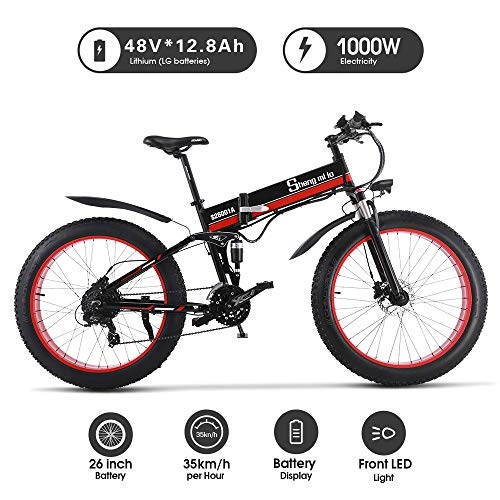 Vélos électriques : 1000W ebike Fat Tire Vlo lectrique Pliant Vlo De Montagne 26 'Suspension Complte 48V12AH 21 Vitesses Pdale Assist