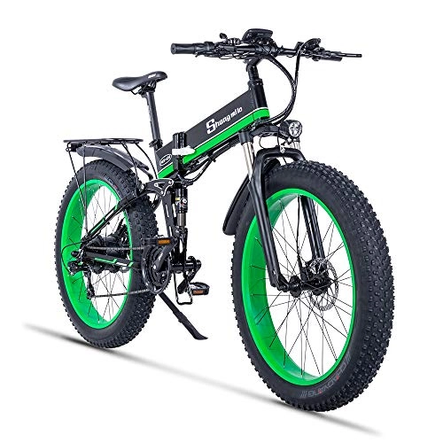 Vélos électriques : 1000W ebike Fat Tire Vlo lectrique Pliant Vlo De Montagne 26 'Suspension Complte 48V12AH 21 Vitesses Pdale Assist (Vert)