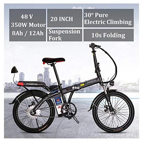 Vélos électriques : 20" lectrique VTT Pliable Adulte Double Disque et Frein Plein Suspension VTT Vlo Compteur rglable LCD de sige (48V 12Ah 250W) (Color : Black, Size : 8Ah)