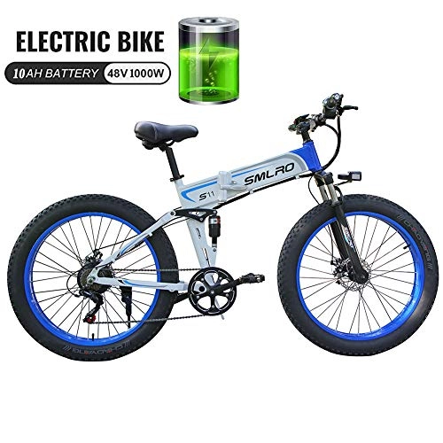 Vélos électriques : 48V 1000W lectrique vlo lectrique VTT avec 26inch Fat Tire VTT 7 Speed E-Bike Pdale Assist Frein Disque hydraulique, White Blue 1000w