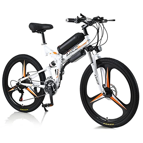 Vélos électriques : AKEZ Vélo électrique pliable 26", 250 W, vélo électrique pour homme et femme, vélo électrique pliable avec batterie 36 V et Shimano 21 vitesses (blanc orange)