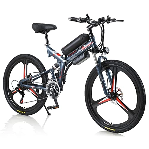 Vélos électriques : AKEZ Vélo électrique pliable pour homme et femme 26" - Vélo électrique pliable - Vélo électrique - Vélo électrique - Vélo électrique - Avec batterie 36 V et Shimano 21 vitesses (gris rouge)