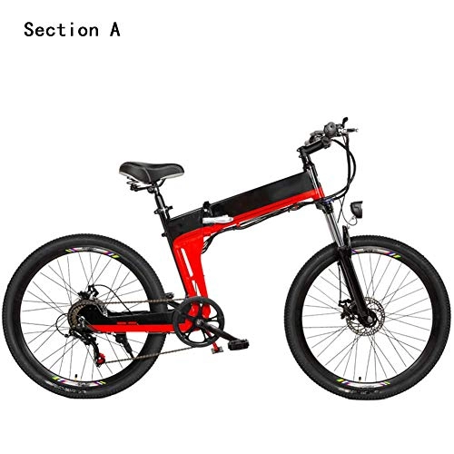 Vélos électriques : AYHa Vélo de montagne électrique pour adultes, cadre en alliage d'aluminium, vélo de ville pliant de 26 pouces, freins à double disque, batterie amovible, 48 V, 7 vitesses, rouge, A 10AH