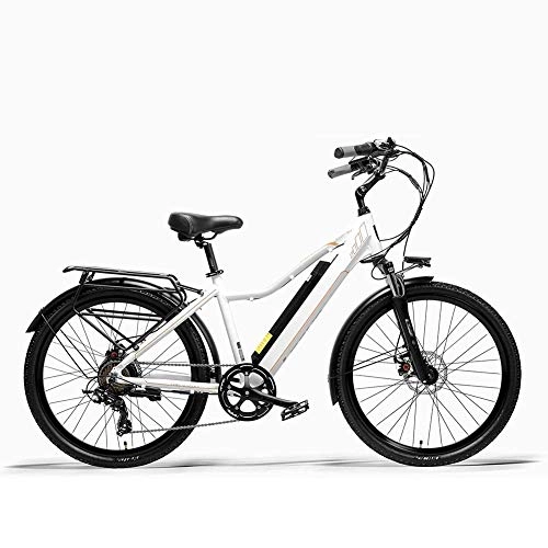 Vélos électriques : AYHa Vélo électrique urbain pour adultes, freins à double disque 26 pouces vélo d'assistance à la pédale cadre en alliage d'aluminium fourche à Suspension à ressort d'huile 7 vitesses, blanc, 15AH