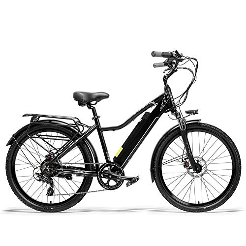 Vélos électriques : AYHa Vélo électrique urbain pour adultes, freins à double disque 26 pouces vélo d'assistance à la pédale cadre en alliage d'aluminium fourche à Suspension à ressort d'huile 7 vitesses, Noir, 15AH