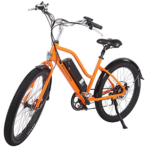 Vélos électriques : Bicyclette électrique 26 "250 W 36 V 10 ah x 2, 35 et moteur de frein à disque à 2017 extra de suspension supérieure 7 un freinage de haute qualité de mise à niveau de qualité (orange)