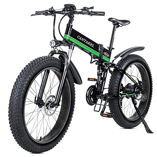 Vélos électriques : CANTAKEL Vélo Électrique Pliant Adulte, Vélo Électrique 26 Pouces / Vélo Pliant Fat Tire, avec Batterie 48V 12.8Ah, Transmission Professionnelle 21 Vitesses (Vert)