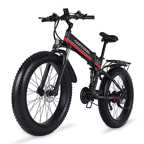 Vélos électriques : CANTAKEL Vélo électrique Pliant Adulte, Vélo Électrique 26 Pouces / Vélo Pliant Fat Tire, avec Batterie 48V 12.8Ah, Transmission Professionnelle 21 Vitesses (Rouge)