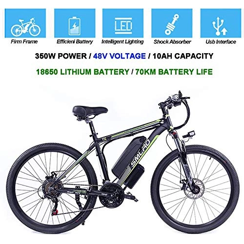 Vélos électriques : CYQAQ Vlos lectriques pour Adultes, vlo Ebike en Alliage d'aluminium 350W Amovible Batterie au Lithium-ION 48V / 10Ah vlo de Montagne / Navette Ebike, Black Green