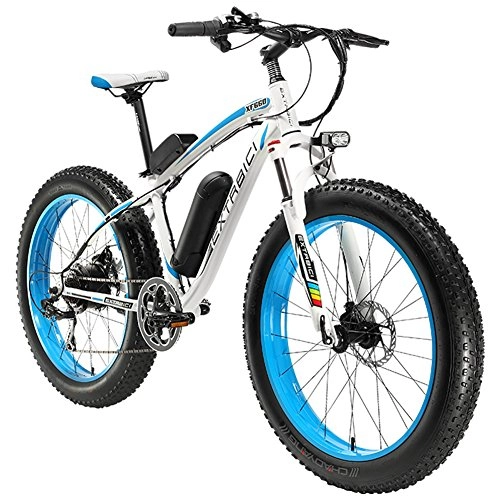 Vélos électriques : Cyrusher Direct Xf660500W 48V * 10.4ah Mans lectrique Vlo de montagne Vlo freins disque mcanique 7vitesses 26x 4.o pouces Fat Pneu Snow Beach Fat Ebike pour extrieur de cyclisme, blanc / bleu