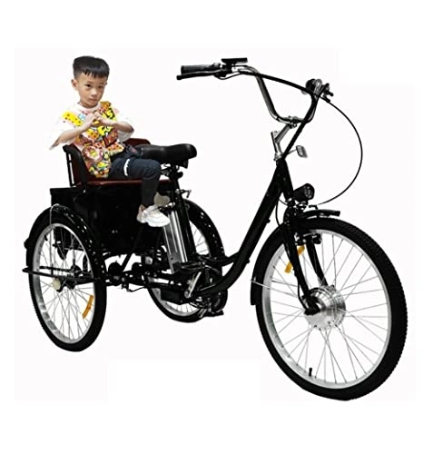 Vélos électriques : DENGYQ Tricycle électrique Adulte à 3 Roues pour Les Personnes âgées Batterie au Lithium de vélo avec éclairage LED dans Le Panier arrière Tricycle à pédales humaines à Trois Roues(Balck, 24'')