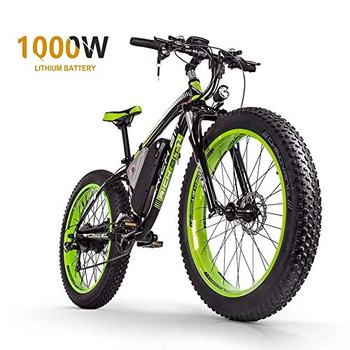 Vélos électriques : Dwm Vélo de Montagne Électrique 26 '' 4.0 Gros Pneu e-Bike VTT avec Batterie Lithium-ION à Grande Capacité (48V16AH 1000W) Velo Électrique 21 Vitesses Suspension Complète, Black+Green