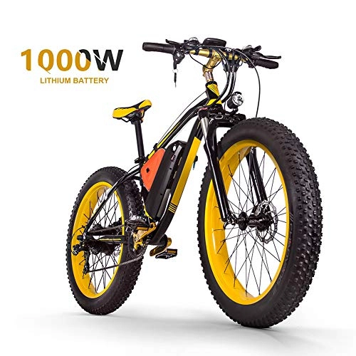 Vélos électriques : Dwm Vélo de Montagne Électrique 26 '' 4.0 Gros Pneu e-Bike VTT avec Batterie Lithium-ION à Grande Capacité (48V16AH 1000W) Velo Électrique 21 Vitesses Suspension Complète, Black+Yellow