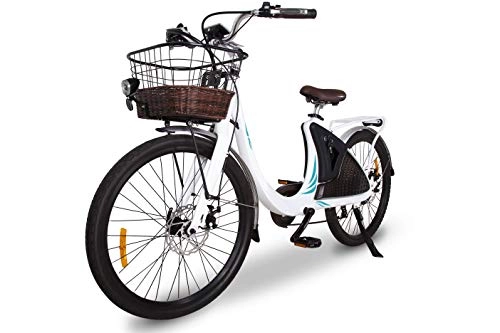 Vélos électriques : Easy-Watts Vlo Assistance lectrique Femme VAE avec Panier en Osier e-Wave Finitions Cuir 250 Watts 10 Ah 50 km d'autonomie 25 km / h
