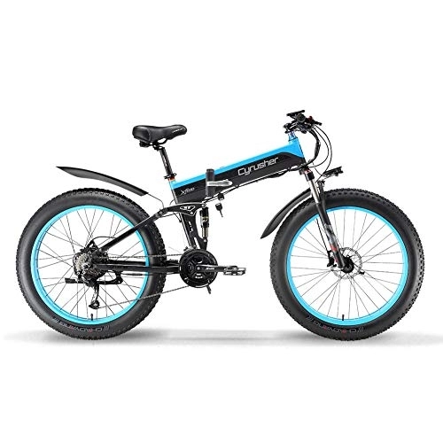 Vélos électriques : Extrbici Vélos Electriques pour Adultes Pliable Big Tire 48V 12.8AH avec des Phares à LED (Bleu)