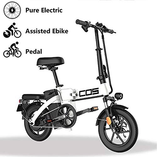 Vélos électriques : GUOJIN Vélo Électrique De Ville Pliant, Jusqu'à 25 Km / H, Moteur 350W Vitesse Réglable Bike, 14 Pouces Roues, Batterie Au Lithium 48V / 9.6Ah, 90 Km La Longue Portée, Blanc