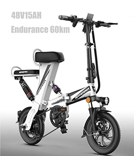 Vélos électriques : GUOJIN Vélo Électrique Pliant, 12" Vélo Adulte Pliant Moteur 250W, Vitesse Jusqu'à 25 Km / H, 48V 15Ah Batterie, 60Km La Longue Portée City E-Bike avec Pédale, Blanc