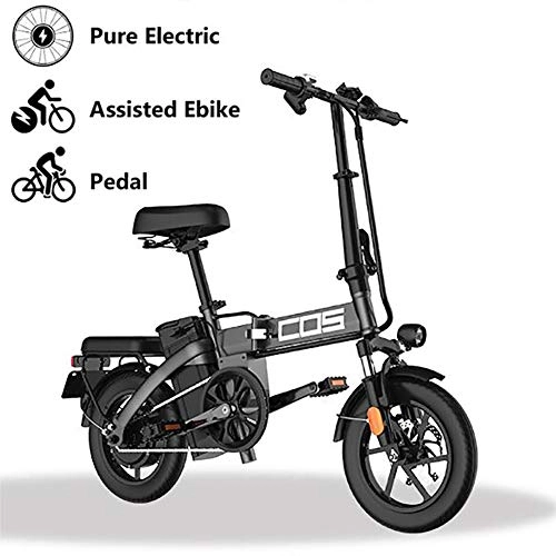 Vélos électriques : GUOJIN Vélo Électrique Pliant Vélo De Ville Électrique 9.6 Ah Batterie Lithium Rechargeable 90 Kilométrage 14" City E-Bike, Vitesse Jusqu'à 25 Km / H, Noir