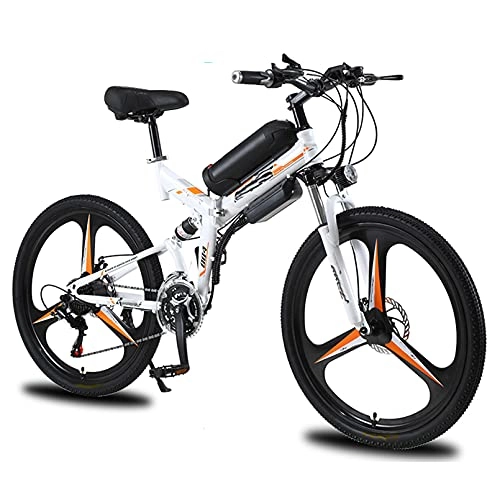 Vélos électriques : HULLSI Vélo Électrique Pliable pour Adultes, Vélo De Montagne Électrique 26 '', 350 W avec Roue Intégrée en Alliage De Magnésium, Vitesses 21, Double Absorption des Chocs, Blanc, 8AH