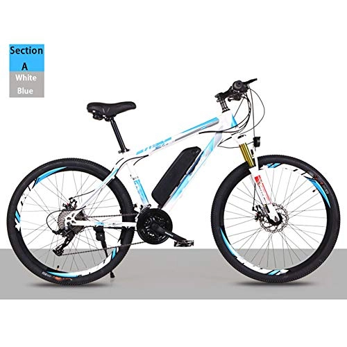 Vélos électriques : HWOEK Vélo électrique Tout-Terrain Adulte, 26" Vélo électrique VTT Vélo Amovible Batterie Lithium-ION 21 / 27 Vitesses, White Blue, A 36V8AH