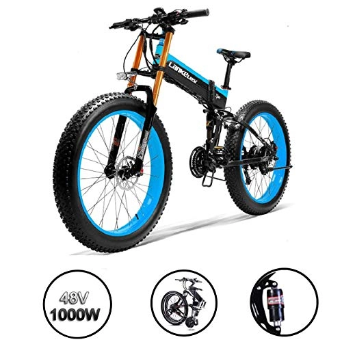 Vélos électriques : HZWL Mise Niveau 1000W Pliable Fat Tire lectrique Bike- 14.5AH / 48V Batterie Au Lithium VTT Dirtbike 27 Vitesses Vlo lectrique 26 Pouces E-Bike Sport VTT (Bleu) A