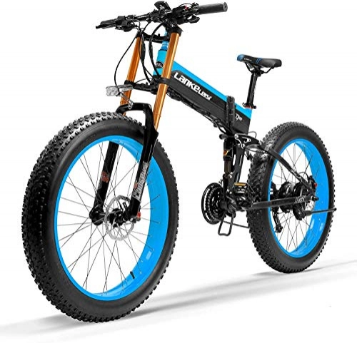 Vélos électriques : JINHH Vélo électrique Pliable 27 Vitesses 1000W 26 * 4.0 Fat Bike 5 Pas Frein à Disque hydraulique 48V 10Ah Charge de Batterie au Lithium Amovible (Mise à Niveau Bleue, 1000W + 1 pièce de Rechange B
