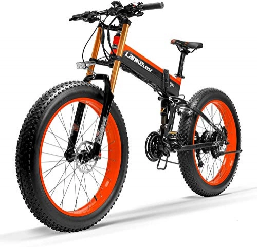 Vélos électriques : JINHH Vélo électrique Pliant 27 Vitesses 1000W 26 * 4.0 Fat Bike 5 Pas Frein à Disque hydraulique 48V 10Ah Charge de Batterie au Lithium Amovible (Mise à Niveau Rouge, 1000W + 1 Ba de Rechange