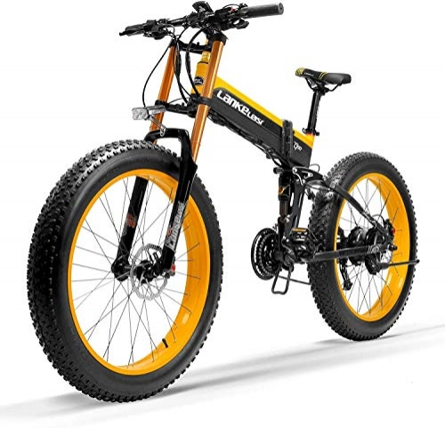Vélos électriques : JINHH Vélo électrique Pliant 27 Vitesses 1000W 26 * 4.0 Fat Bike 5 Pas Frein à Disque hydraulique 48V 10Ah Charge de la Batterie au Lithium Amovible (Mise à Niveau Jaune, 1000W)