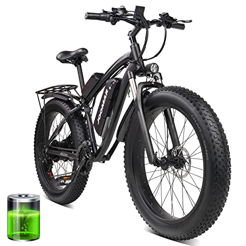 Vélos électriques : JOOMAR Vélo électrique 26" - Pneus gras - 1000 W - 48 V - 17 Ah - Batterie au lithium amovible Shimano 21 vitesses - Pédale assistée Beach Snow - VTT électrique pour adultes