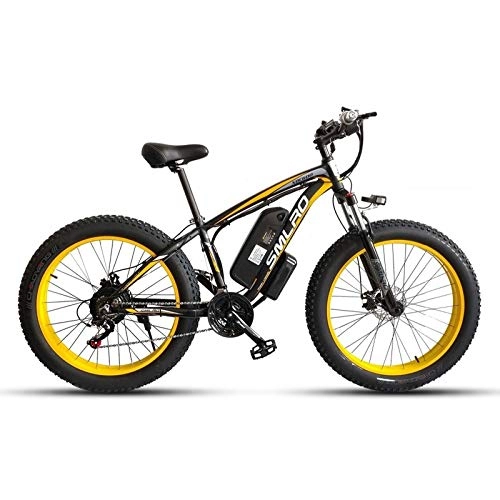 Vélos électriques : JUYUN Vélo électrique pour Adulte Vélo de Montagne 350W, 21 Vitesse Gros Pneu VTT Vélo Électrique Batterie au Lithium 48V15Ah Neige Plage Cruiser, Frein à Disque, Black Yellow
