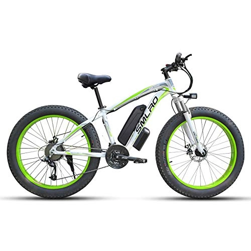 Vélos électriques : JUYUN Vélos électriques pour Adulte 350W 48V Vélo de VTT, 26 Pouces Grand Pneu Vélo Électrique Batterie au Lithium 48V15Ah Neige Plage Cruiser, Frein à Disque, 21 Vitesse, White Green