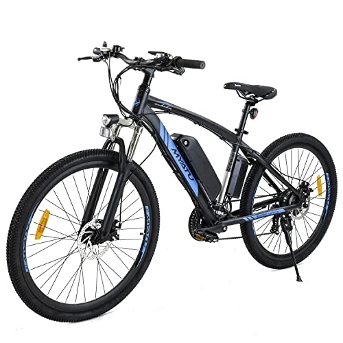 Vélos électriques : Kara-Tech Vélo électrique 27, 5" pour homme et femme avec écran LCD, moteur 250 W, batterie 10 Ah, dérailleur Shimano 21 vitesses, freins à disque, cadre en aluminium, noir / bleu