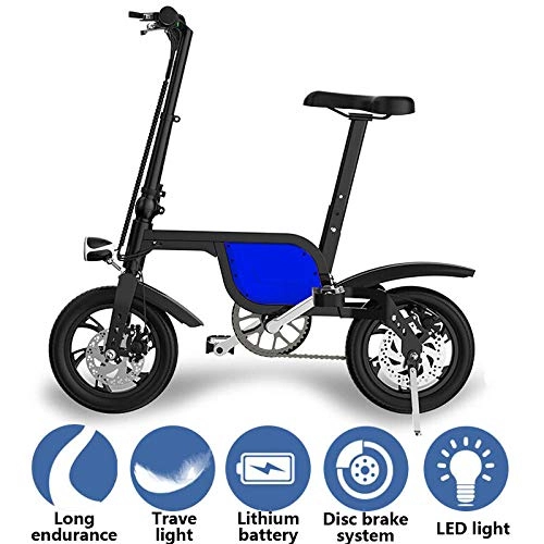 Vélos électriques : KNFBOK Velo Electrique Homme Voiture électrique de Voyage de Batterie de Lithium de Bicyclette Se Pliante électrique de 12 Pouces, la Vitesse maximale 25KM / H, Gamme de croisière 35-40KM Bleu