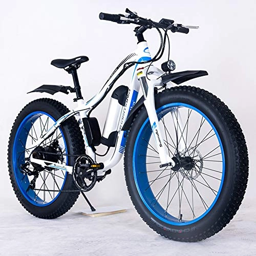 Vélos électriques : KT Mall 26" Electric Mountain Bike 36V 350W 10.4Ah Amovible Au Lithium-ION Rechargeable Fat Tire Neige Vélo Sports Cyclisme Voyage Trajets, White Blue