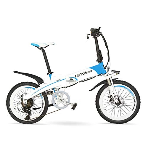 Vélos électriques : LANG TU Vélo électrique Pliant d'assistance de pédale, Batterie au Lithium-ION intégrée de, Jante en Alliage d'aluminium & Cadre, dégagement Rapide de la Roue Avant (Bleu Blanc, 500W 14.5Ah)