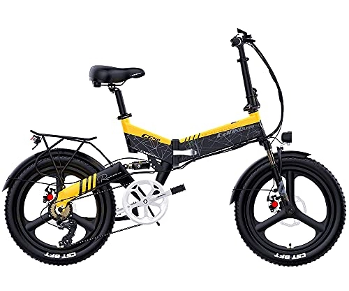 Vélos électriques : LANKELEISI Vélo électrique pliable pour adulte avec moteur sans balais 400 W 48 V 10, 4 Ah 12, 8 Ah 14, 5 Ah Batterie au lithium 7 vitesses Noir Jaune 10, 4 Ah