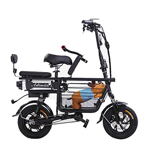 Vélos électriques : LOVE-HOME 12Inch Électrique Pliant Vélo, 48V / Ville 50 Km Faire du Vélo Adulte Bikes Siège Bébé avec Cadre Pet, Amovible Batterie Au Lithium E-Bike avec 3 Saddles, Noir