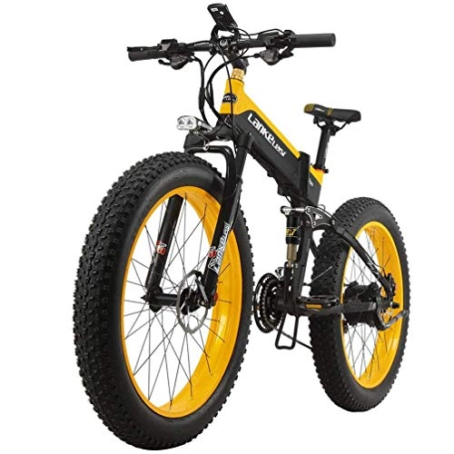 Vélos électriques : LUO Vélo Électrique Puissant 1000W Vélo Électrique 26 Pouces 4.0 Fat 48V 10Ah Ebike 27 Speed ​​Mountain Bike Vélo Pliant, Noir-Jaune