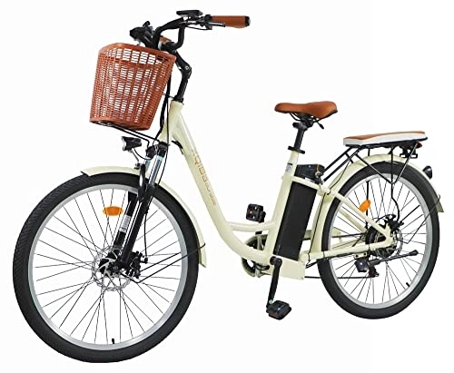 Vélos électriques : Ms Vélo électrique pour femme 66 cm | Vélo électrique rétro | avec panier et éclairage | Batterie au lithium Shimano 7 vitesses 48 V / 13 Ah 250 W / écran LCD, double frein à disque hydraulique