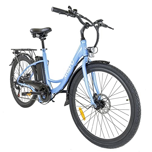 Vélos électriques : Myatu Cityblitz Vélo électrique pour femme 26" 10 Ah Batterie 6 vitesses Shimano Bleu