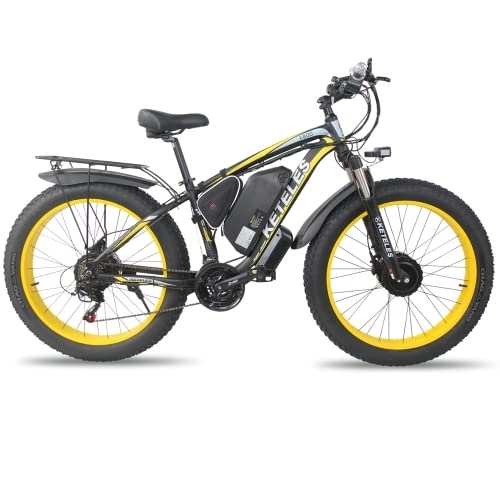Vélos électriques : NF Vélo électrique 26 Pouces, motoneige à pneus Larges 4.0, VTT, VTT, équipé de Moteurs Doubles Avant et arrière, Batterie Samsung 48V23Ah, adapté aux Adultes (Jaune)