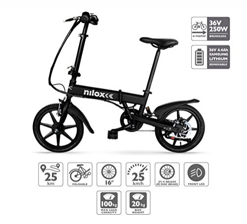 Vélos électriques : Nilox X2, velo electrique pliable, Vélo électrique pliant, 16'' pouces, E-bike, Vitesse maximale 25 km / h, Noir