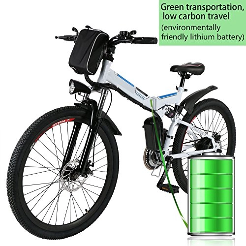 Vélos électriques : Profun VTT vélo électrique Pliante avec Roue de 26 Pouces Batterie Lithium-ION à Grande capacité (36V 250W) Suspension Pleine qualité et engrenage Shimano (Noir+Blanc)