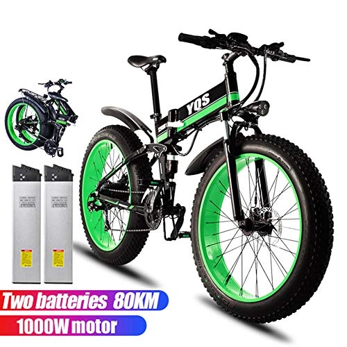 Vélos électriques : Qnlly Vélo Electrique 1000W 80 KM 4.0 Fat Tire Neige VTT Ebike Vélo Electrique Ebike 48V Vélo Electrique (2 Batteries), Vert