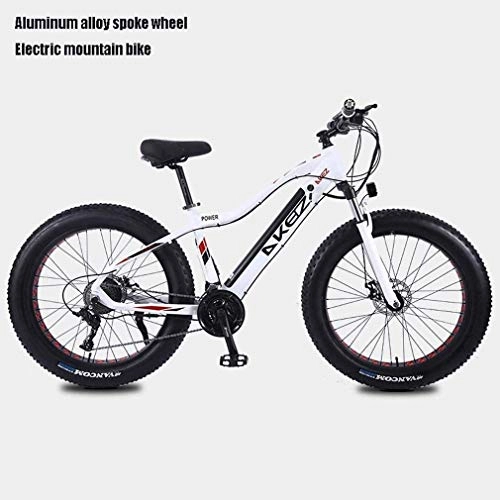 Vélos électriques : QZ Adulte Fat Tire lectrique VTT, 27 Vitesses Vlos Neige, Portable 10Ah Plage Li-Batterie Cruiser de vlos, Cadre en Alliage d'aluminium lger, 26 Pouces Roues (Color : White)