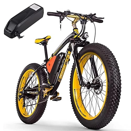 Vélos électriques : RICH BIT TOP-022 Vélo électrique, 26" Fat Tire E-Bike, Système de freinage à Double Disque VTT électrique pour Adulte, 48 V Batterie au Lithium Snow Mountain Bike, Shimano 21 Vitesses (12.5AH, Jaune)