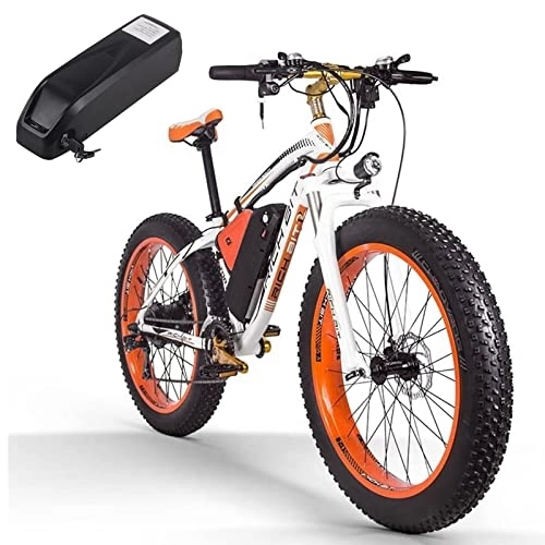 Vélos électriques : RICH BIT TOP-022 Vélo électrique, 26" Fat Tire E-Bike, Système de freinage à Double Disque VTT électrique pour Adulte, 48 V Batterie au Lithium Snow Mountain Bike, Shimano 21 Vitesses (17AH, Orange)