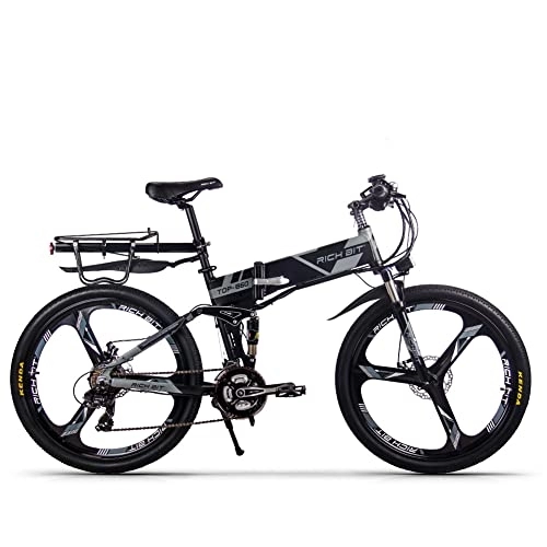 Vélos électriques : RICH BIT TOP-860 vélo Pliant électrique 26 Pouces 36V 12.8Ah vélo de Ville à Suspension complète Pliable Montagne Ebike VTT vélo Hommes Femmes (Gris)